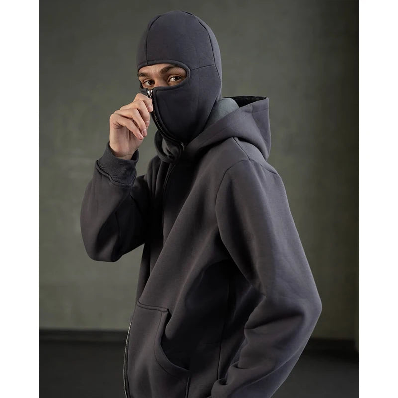 Full Zipper Retro Ninja Mask Jacket Coats Y2k Hip Hop Rock Men Oversized Punk Hoodie Winter Warm Long Sleeve Sweatshirt American