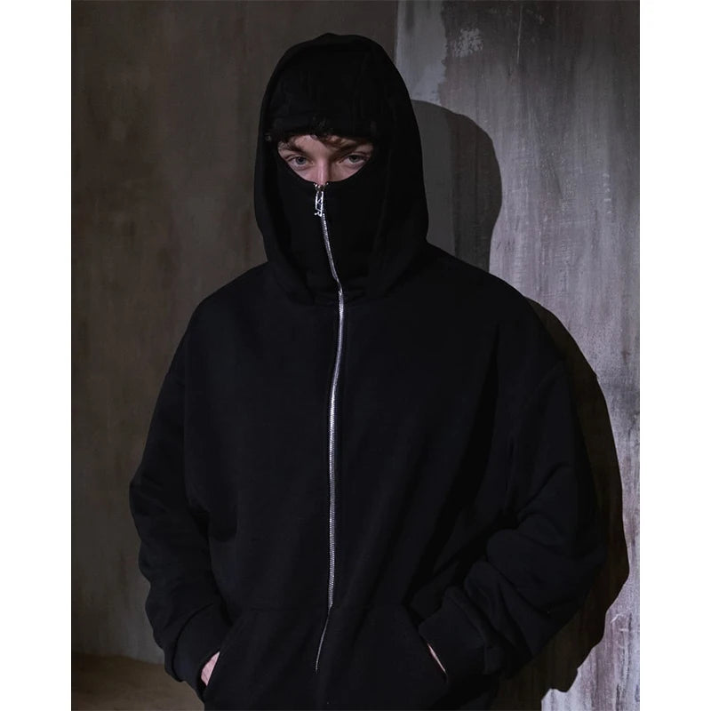 Full Zipper Retro Ninja Mask Jacket Coats Y2k Hip Hop Rock Men Oversized Punk Hoodie Winter Warm Long Sleeve Sweatshirt American