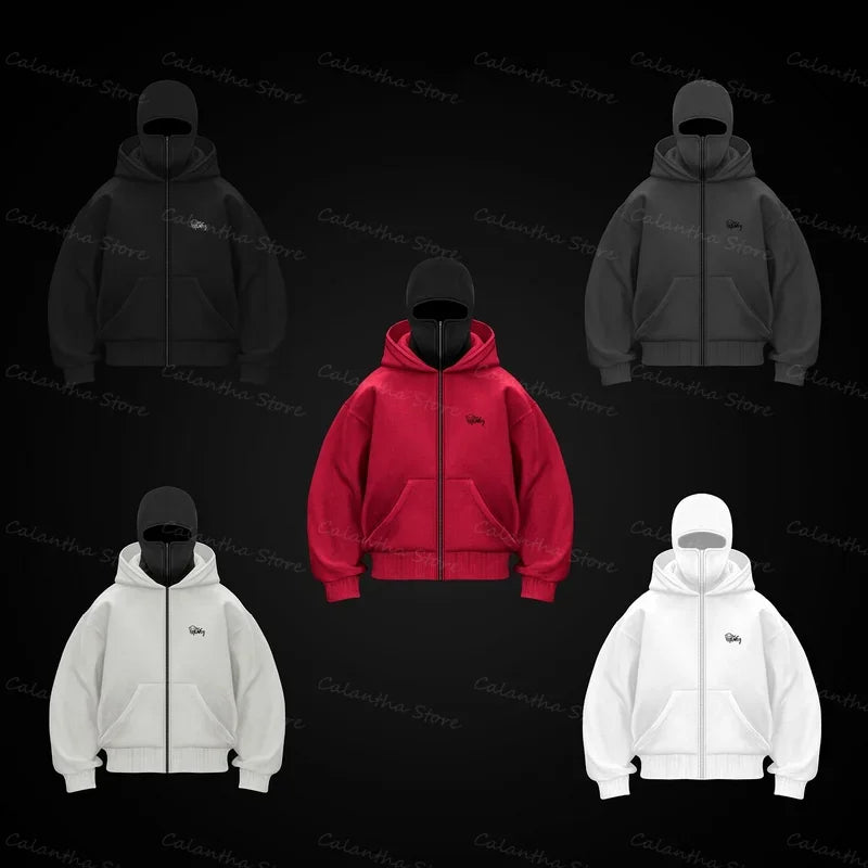 Winter Men's Hoodie with Balaclava Face Mask Zipper Design Sports Jacket for Outdoor Activities Hiking Travel Running sweatshirt