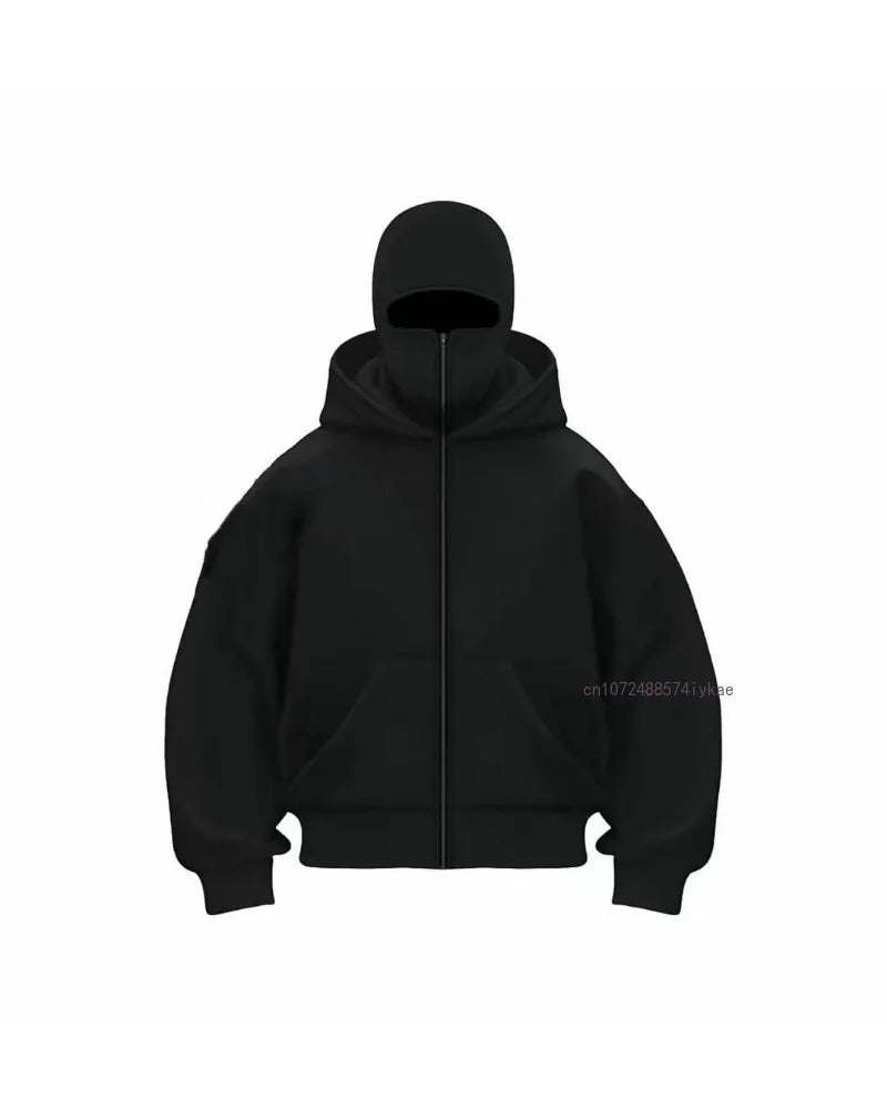 Black Cotton Zipper Hoodie Men Women Ins New Masked Tide Warm Sweatshirt Fall Winter Long-sleeved Couple Outdoor Leisure Jacket